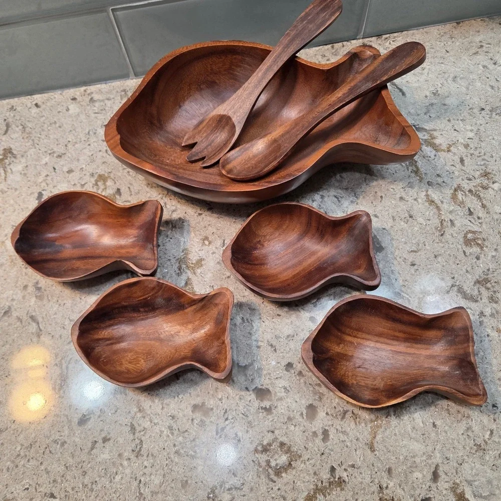 Hilo Hattie Monkey Pod Wood Fish Salad Set Serving Bowl Small Bowls Utensils MCM